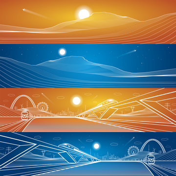 Vector illustration set, sand dunes and two trains traveling on rails, night city