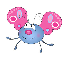Cute smiling blue butterfly character isolated on white