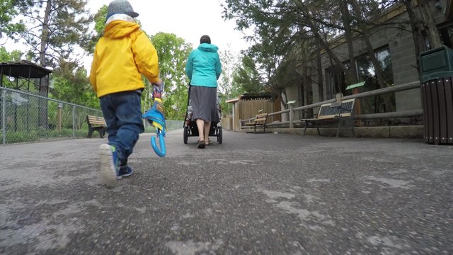 Gimbal shot of a family at the Hogle zoo on a rainy day