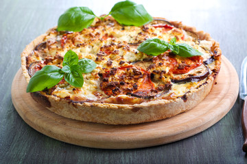 Aubergine, tomato and cheese quiche