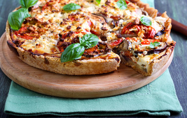 Aubergine, tomato and cheese quiche