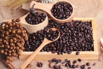 Roasted coffee beans on sack brown background.