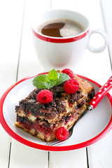 Slice of chocolate and raspberry cake