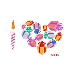 I love gifts. Symbol of heart of boxes of gifts. Vector illustra