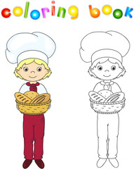 Baker in a cap holding a basket with bread, rolls and baguettes.