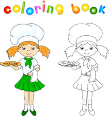 Cook or waiter in her green uniform with pizza. Coloring book