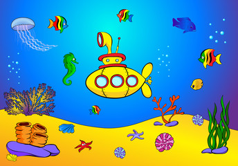 Yellow submarine and fish under water. Seahorse, jellyfish, cora