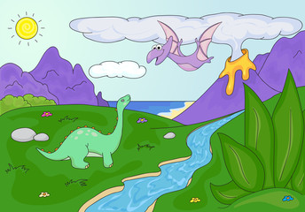 Obraz premium Dinosaurs diplodocus and pterodactyl on a background of prehist
