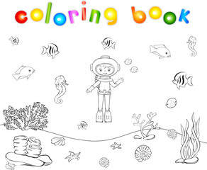 Cute cartoon scuba diver and fish under water. Seahorse, jellyfi