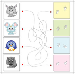 Donkey, mouse, penguin and wolf with their traces