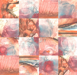 Picture - puzzle. Mixed piece of textured watercolor monotype. Abstract geometric painting. Colorful squares gradient. Grunge background. Can be used for web page background, identity style, printing.