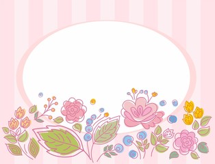 Postcard, frame, pink, striped with flowers. 