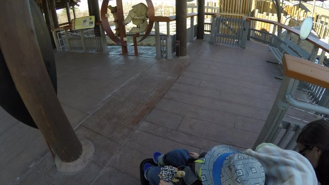a mother pushes her toddler in stroller at zoo watching elephant