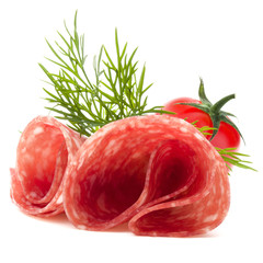 Salami sausage slices isolated on white background cutout