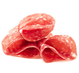 Salami sausage slices isolated on white background cutout
