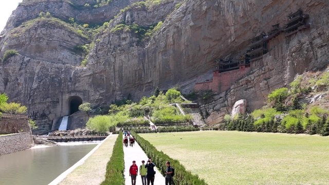 the hanging temple at datong china with tourists
