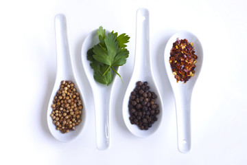 Spices in catering spoons shot from above on a white background 