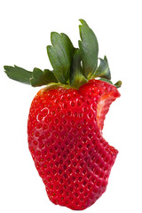 Strawberry bitten shot front on on a white background 
