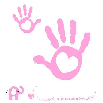 Baby girl hand prints arrival card with heart and elephant