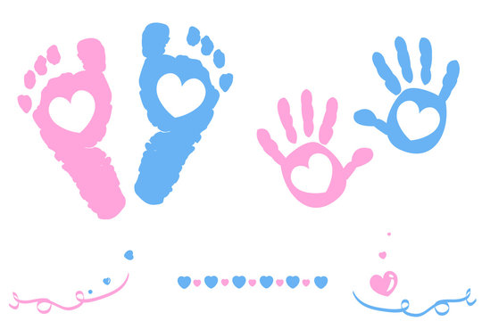 Twin baby girl and boy feet and hand print arrival card