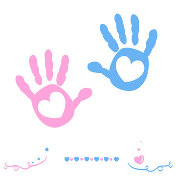 Twin baby girl and boy hand prints arrival greeting card vector