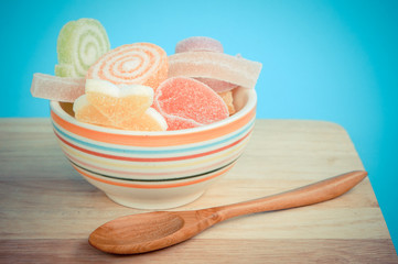 Colorful fruit-paste sweets with filter effect retro vintage sty
