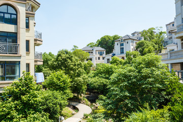 apartment building in suburban area