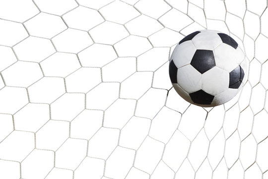 soccer ball in goal on white background