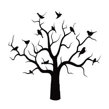 Tree and Black Birds. Vector Illustration.