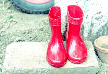red color baby boots. garden boots for children , Vintage color