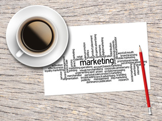Coffee, Pencil And A Note Contain Word Clouds Of Marketing And I