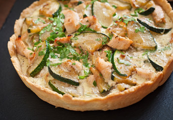 Quiche with chicken and zucchini with herbs