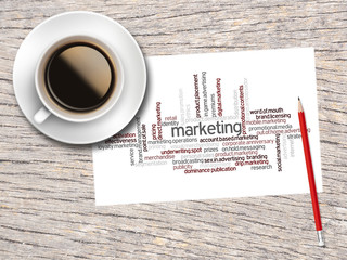 Coffee, Pencil And A Note Contain Word Clouds Of Marketing And I
