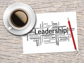 Coffee, Pencil And A Note Contain Word Clouds Of Leadership 