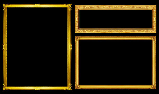 collection golden pictureframe isolated on black background, cli