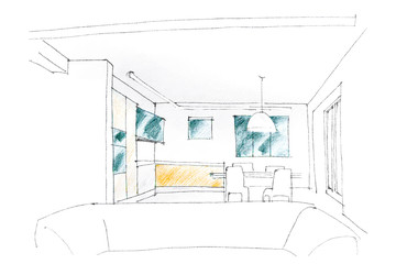 living room interior. graphical sketch by pencil of an interior living room. 