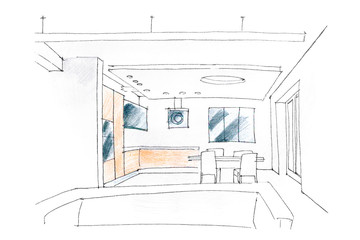 living room interior sketch, hand drawing sketch of living room on paper.