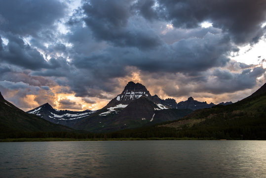 Beautiful sunset with Swiftcurrent Lake, Glacier National Park..