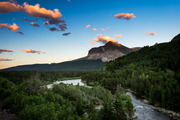 Beautiful landscape sunset mountain and river in Glacier Nationa