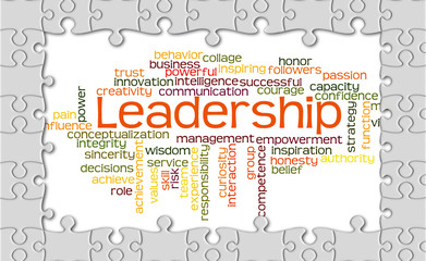 Jigsaw puzzle reveal wordcloud of Leadership and it related word