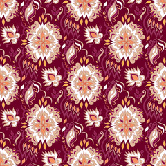 Floral colorful seamless texture on dark red.