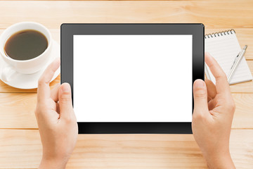 close up hand using tablet white screen display