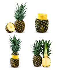 Set Collection of Fresh Juice Whole Pineapples. Rich with Vitamins. Isolated on white background