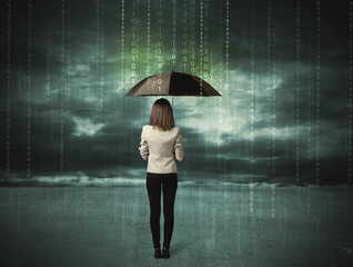 Business woman standing with umbrella data protection concept