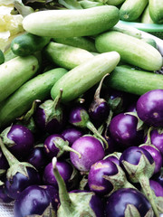 Purple Eggplant and Cucumbers at Street Market,Thailand