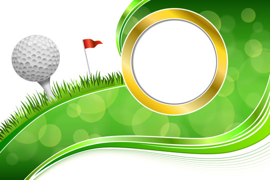Background abstract golf sport green grass red flag white ball frame gold illustration vector