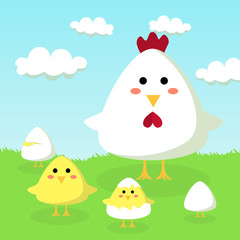 Obraz na płótnie Canvas Editable vector illustration of a cute chicken, chick, and egg in field background