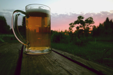 mug of beer at sunset
