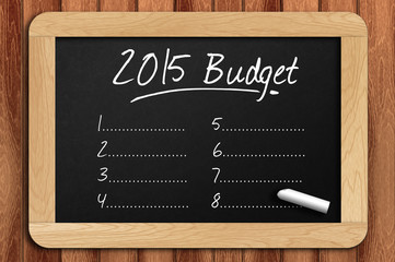 Chalkboard on the wooden table written 2015 budget list