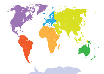 Fototapeta na wymiar world map colored by continents